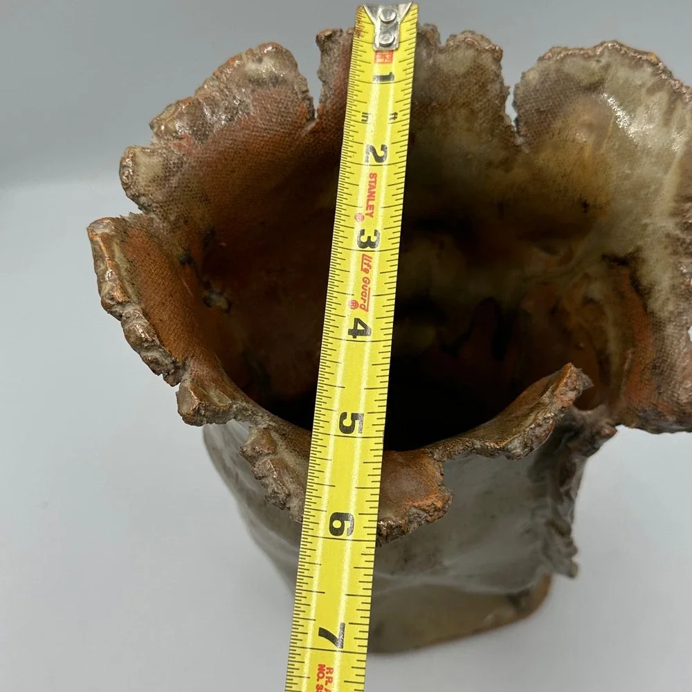 HIL Studio Pottery Vase 1986 Sea Anemone Tan Olive Brutalist Organic Art Vessel
